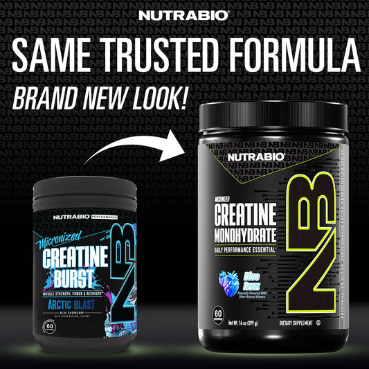 NutraBio Creatine Blue Razz tub with scoop highlights quick mix and absorption.