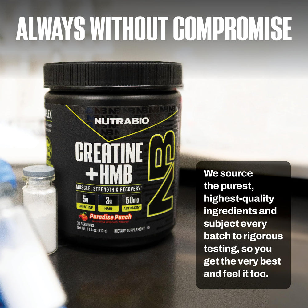NutraBio Creatine + HMB 30 servings packaging on shelf