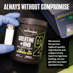 NutraBio Creatine + HMB at-home workout scene encourages consistent use.