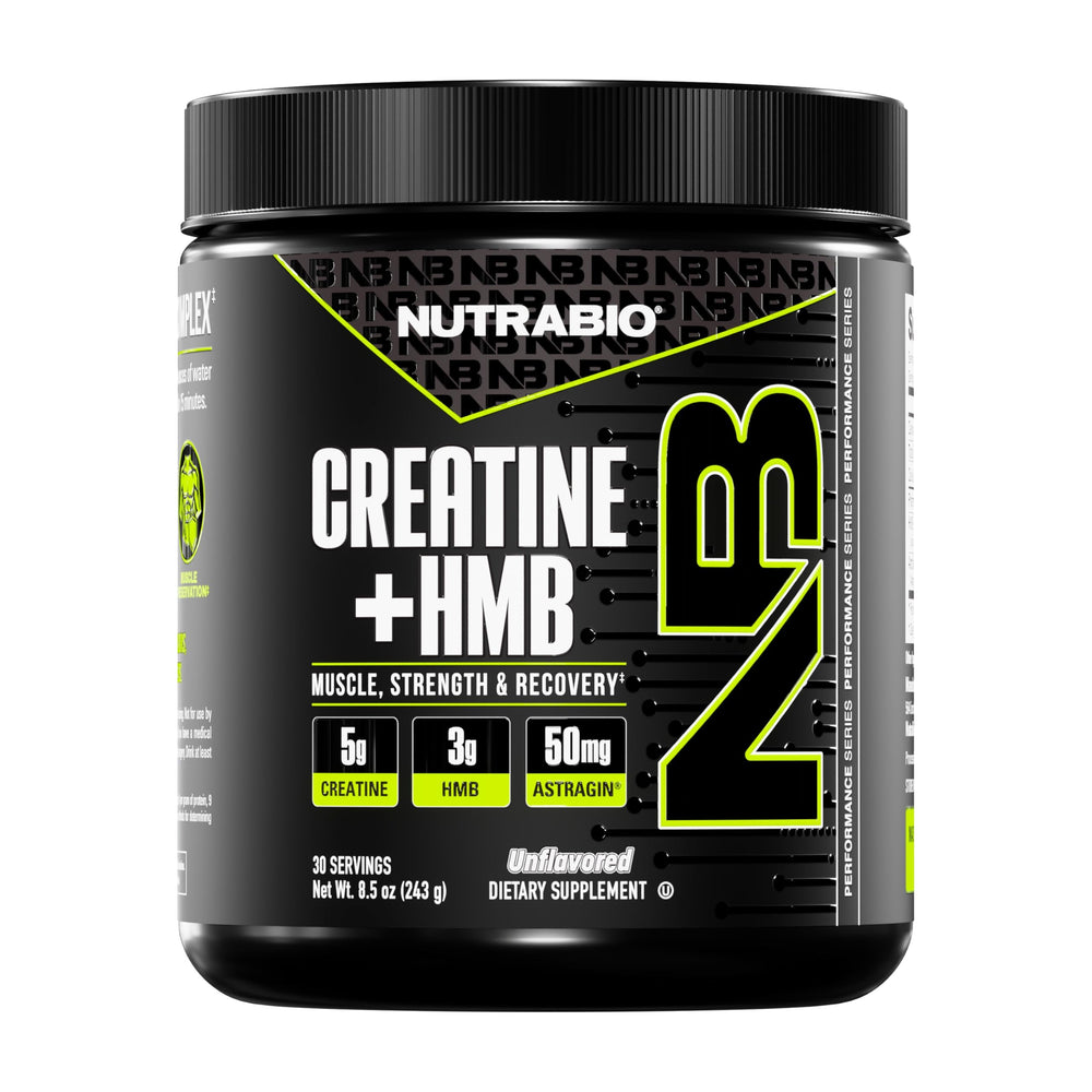 NutraBio Creatine + HMB bottle pour shows a ready-to-use strength supplement.