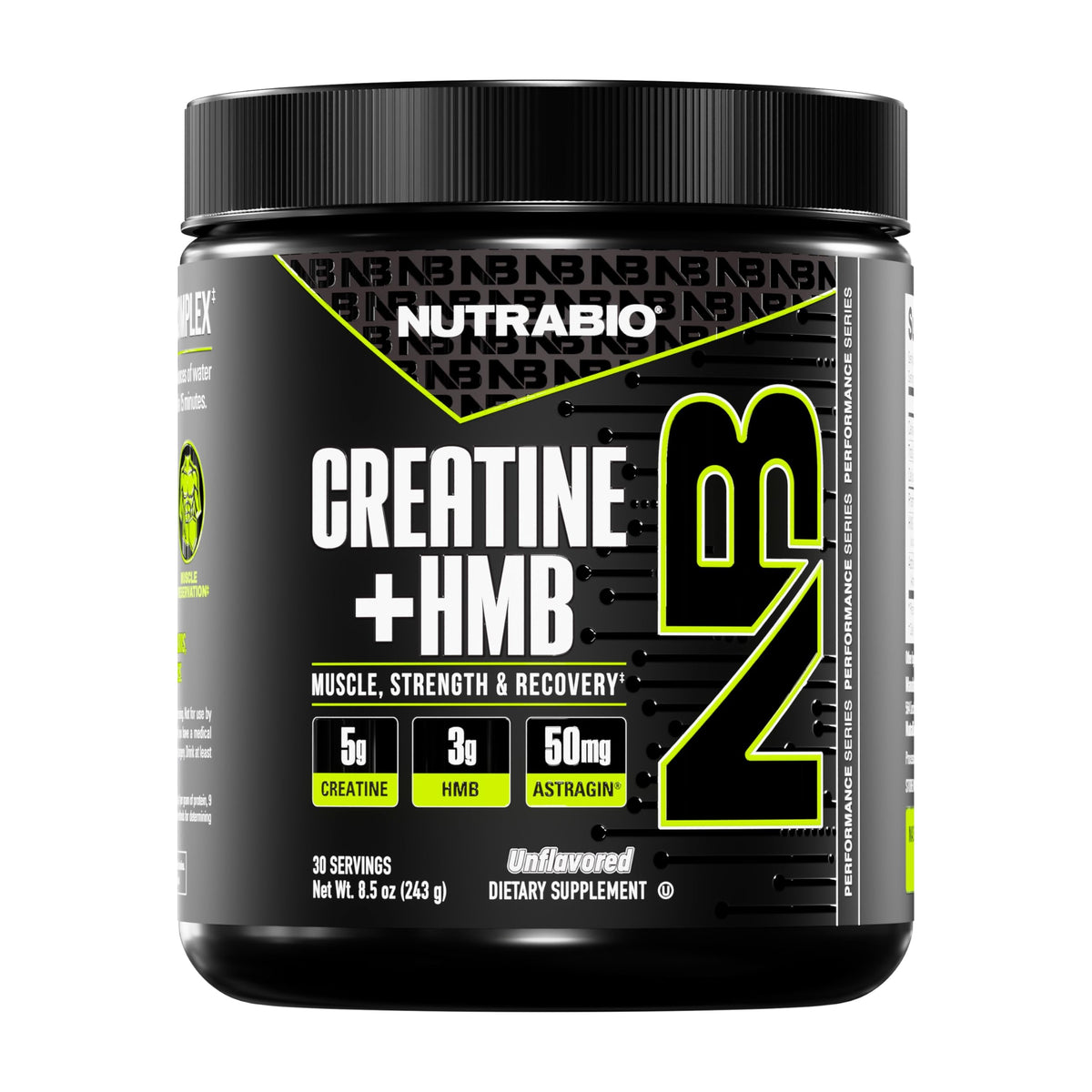 NutraBio Creatine + HMB bottle pour shows a ready-to-use strength supplement.