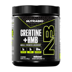 NutraBio Creatine + HMB bottle pour shows a ready-to-use strength supplement.