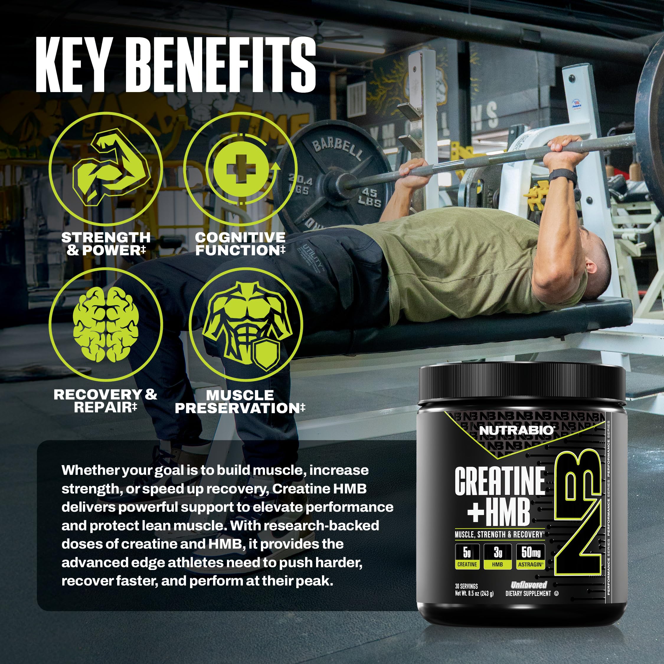 NutraBio Creatine + HMB ingredient chart emphasizes key components for performance.