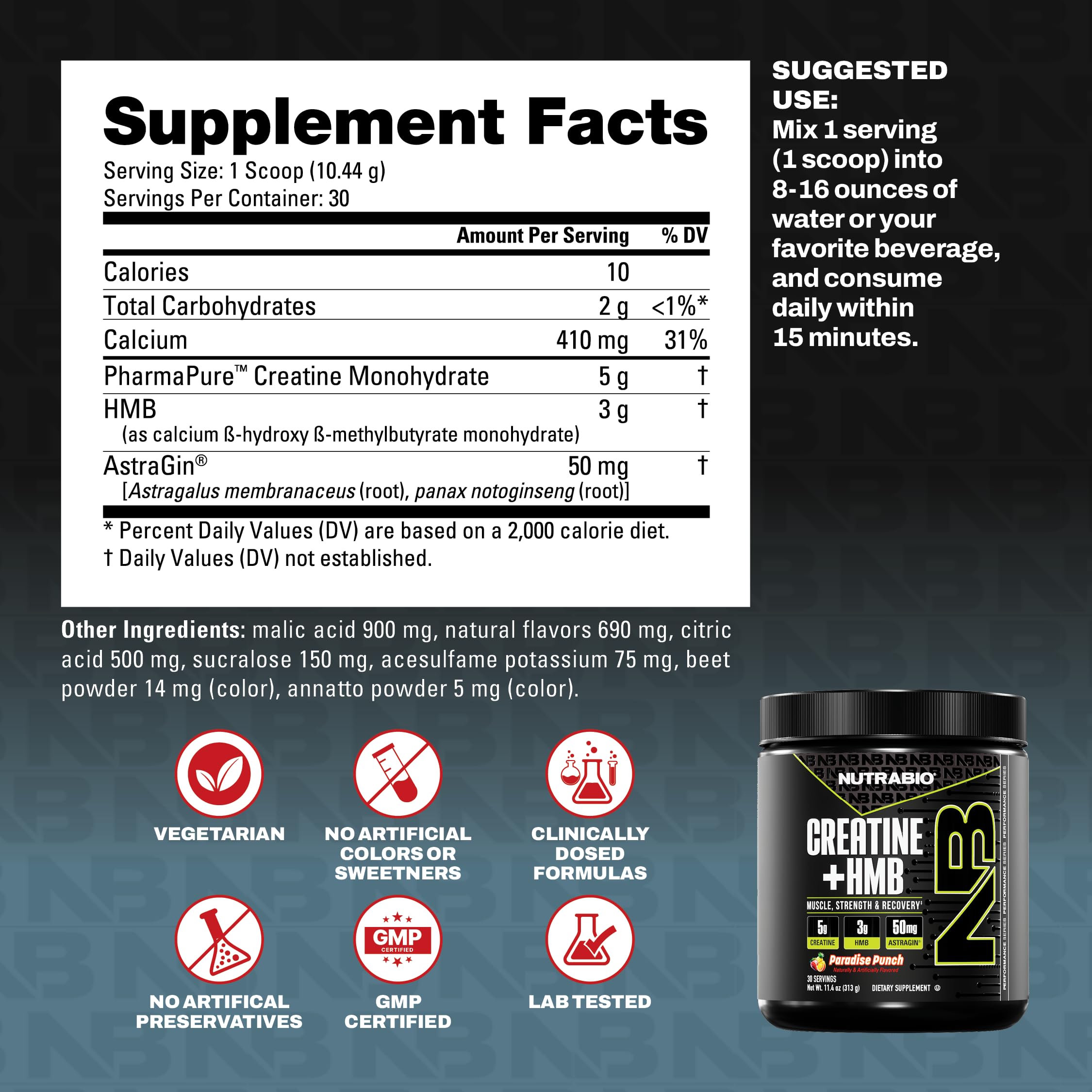 NutraBio Creatine + HMB label front highlights 30 servings per container