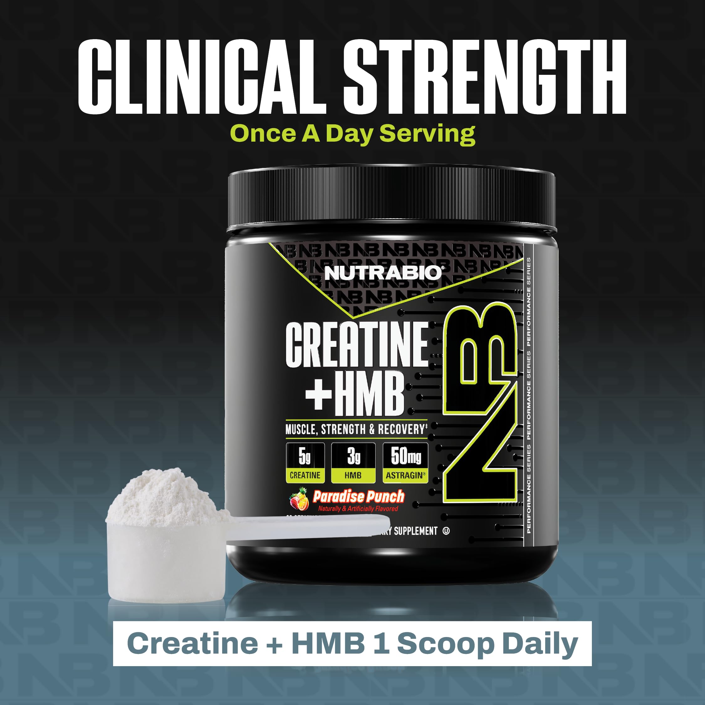 NutraBio Creatine + HMB nutrition panel highlights key ingredients