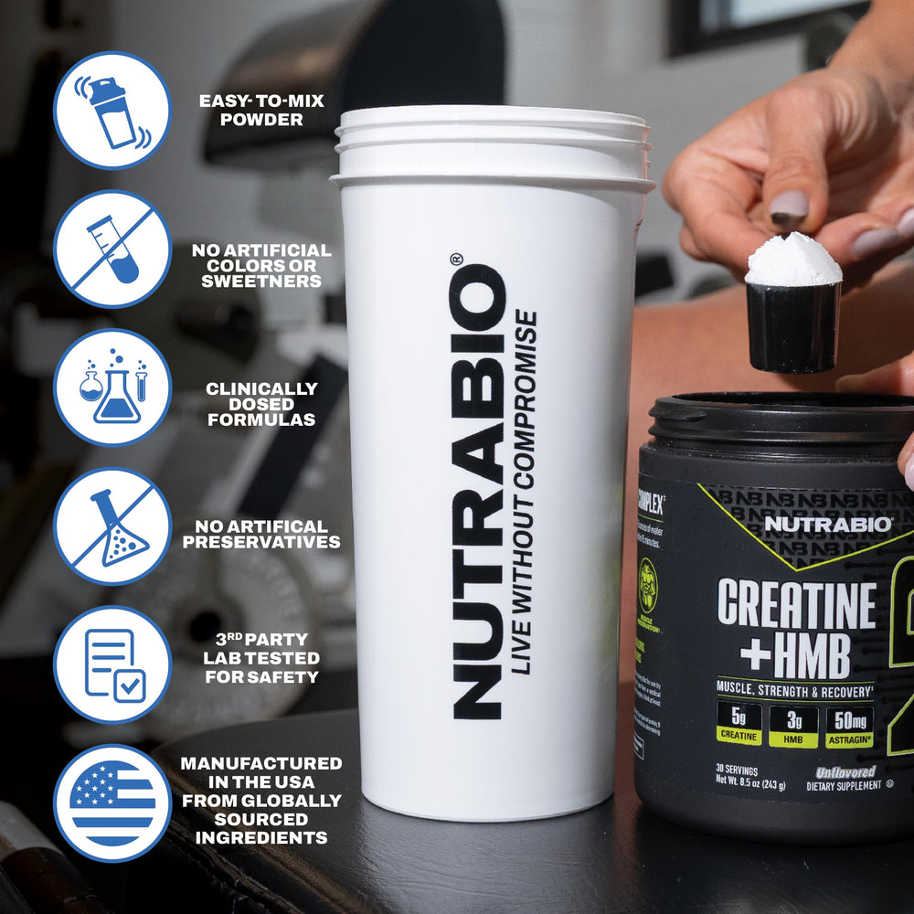 NutraBio Creatine HMB powder with AstraGin for improved absorption.