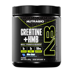 NutraBio Creatine HMB powder blue razz bottle boosts training energy.