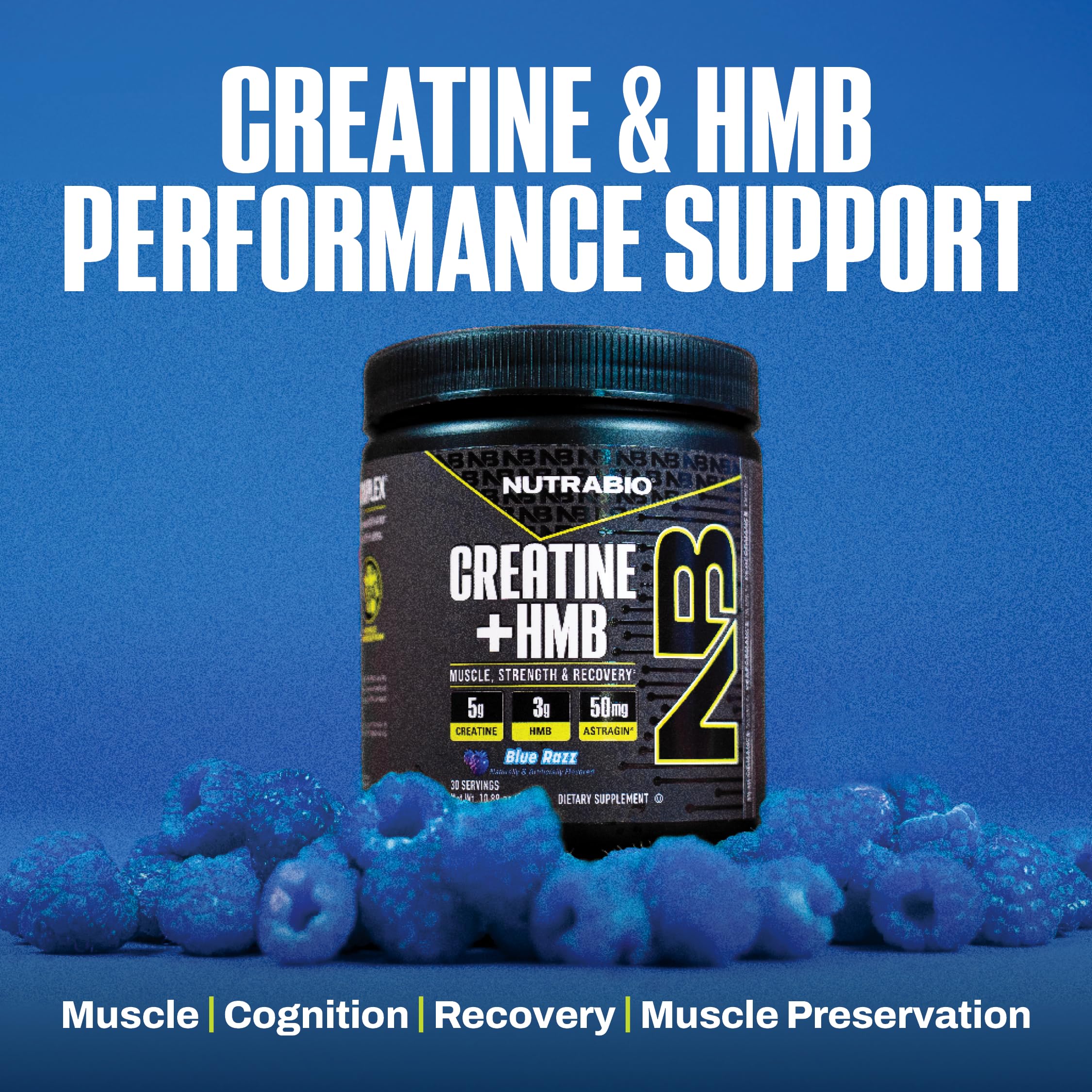 NutraBio Creatine HMB powder scoop beside a shaker bottle.