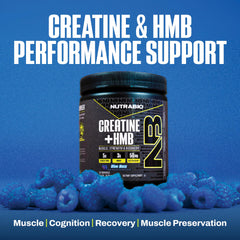NutraBio Creatine HMB powder scoop beside a shaker bottle.