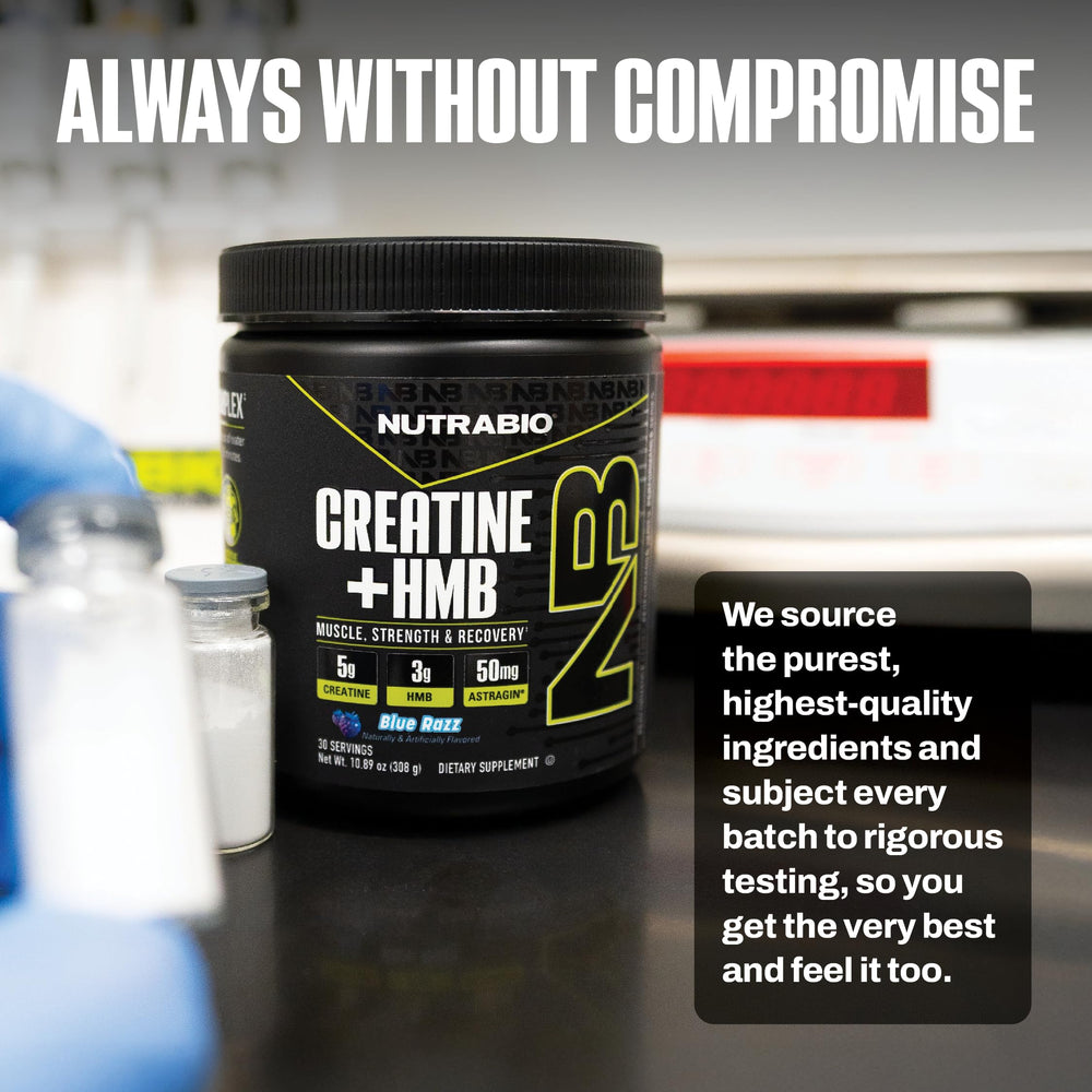 NutraBio Creatine HMB powder nutrition panel shows 5 g creatine and 3 g HMB.