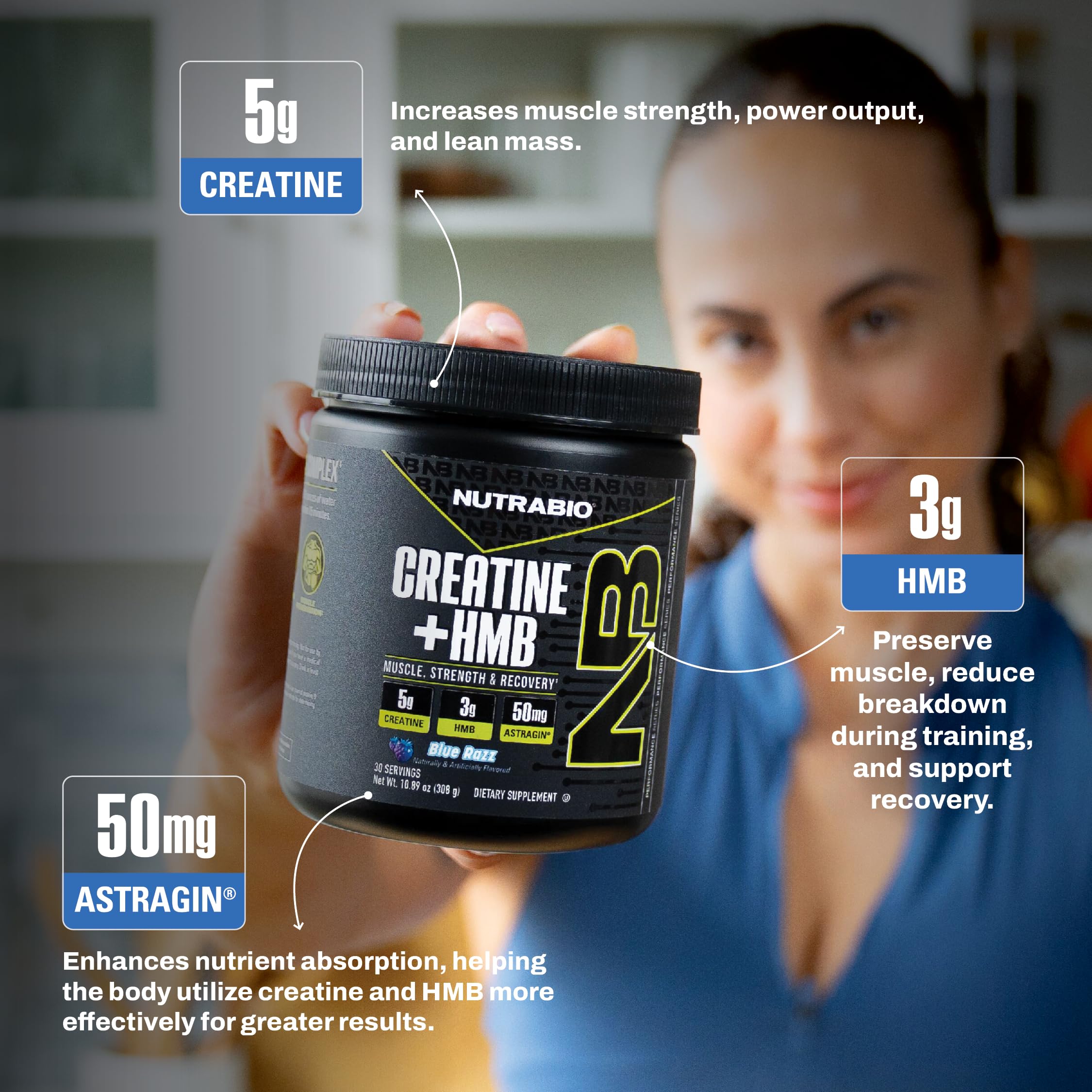 NutraBio Creatine HMB powder poured into a glass after workouts.