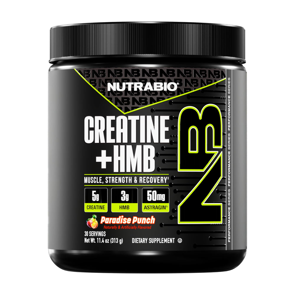 NutraBio Creatine + HMB powder tub showing dual formula for performance support