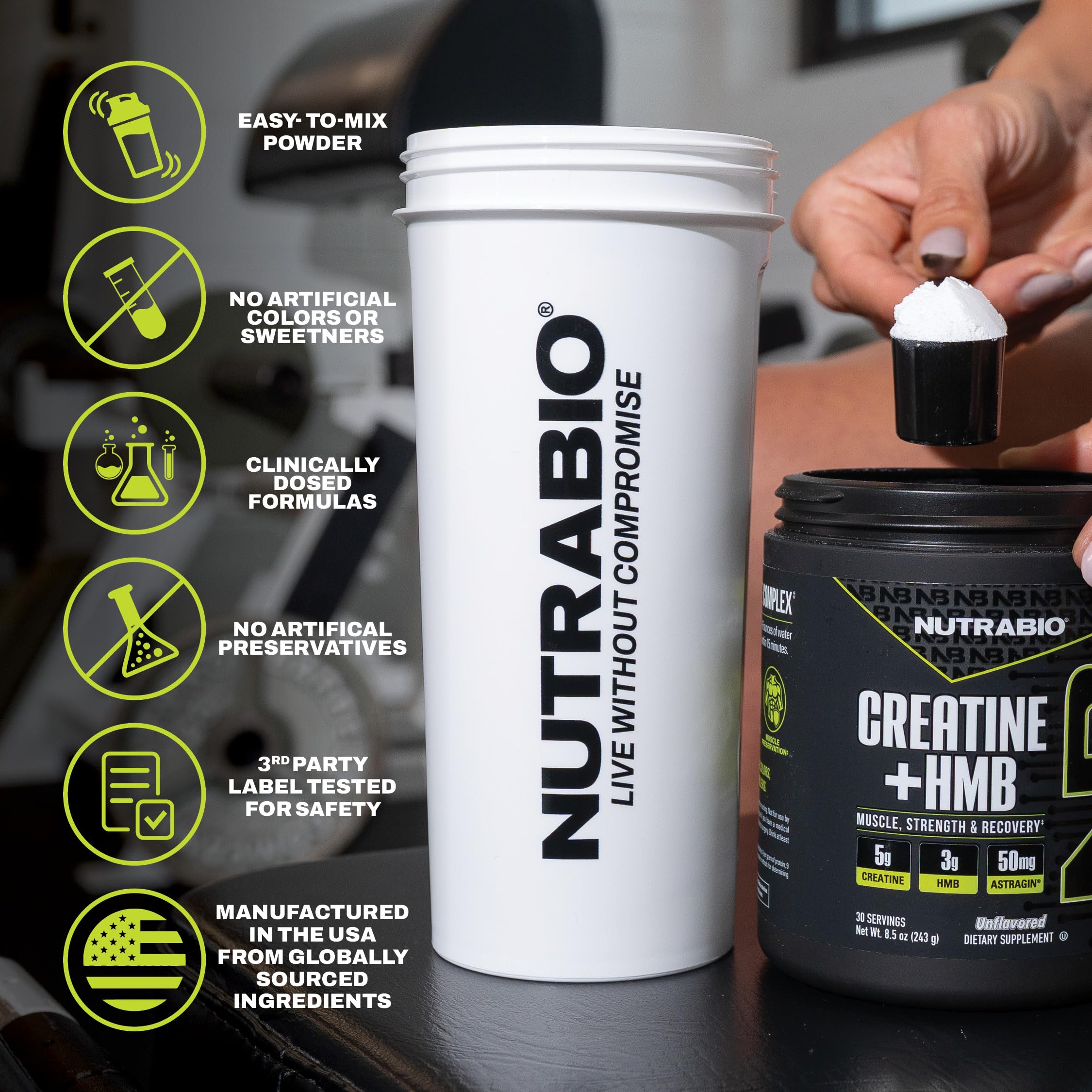 NutraBio Creatine + HMB unflavored powder container ready for mixing at home.