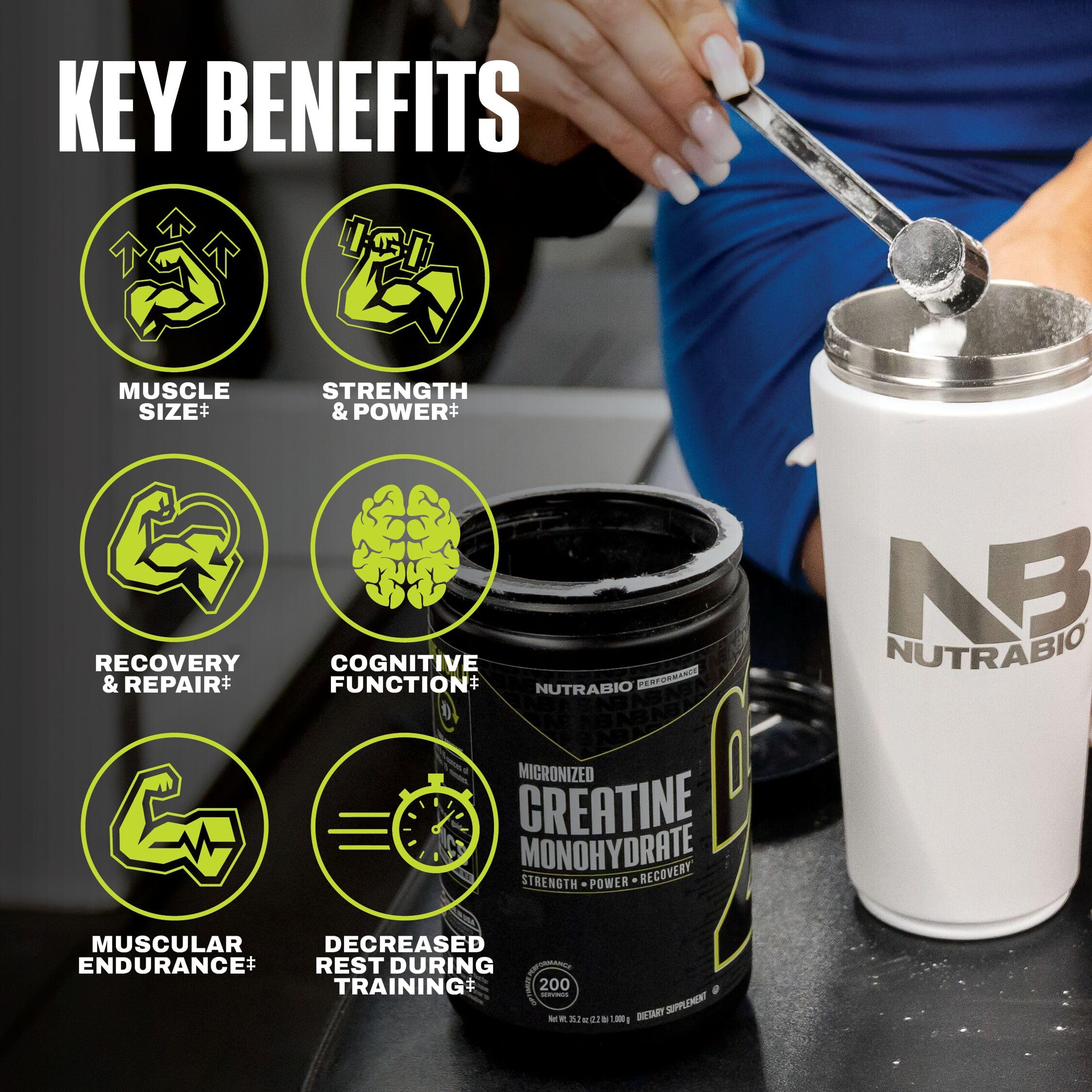 NutraBio creatine monohydrate label alongside third‑party purity report.