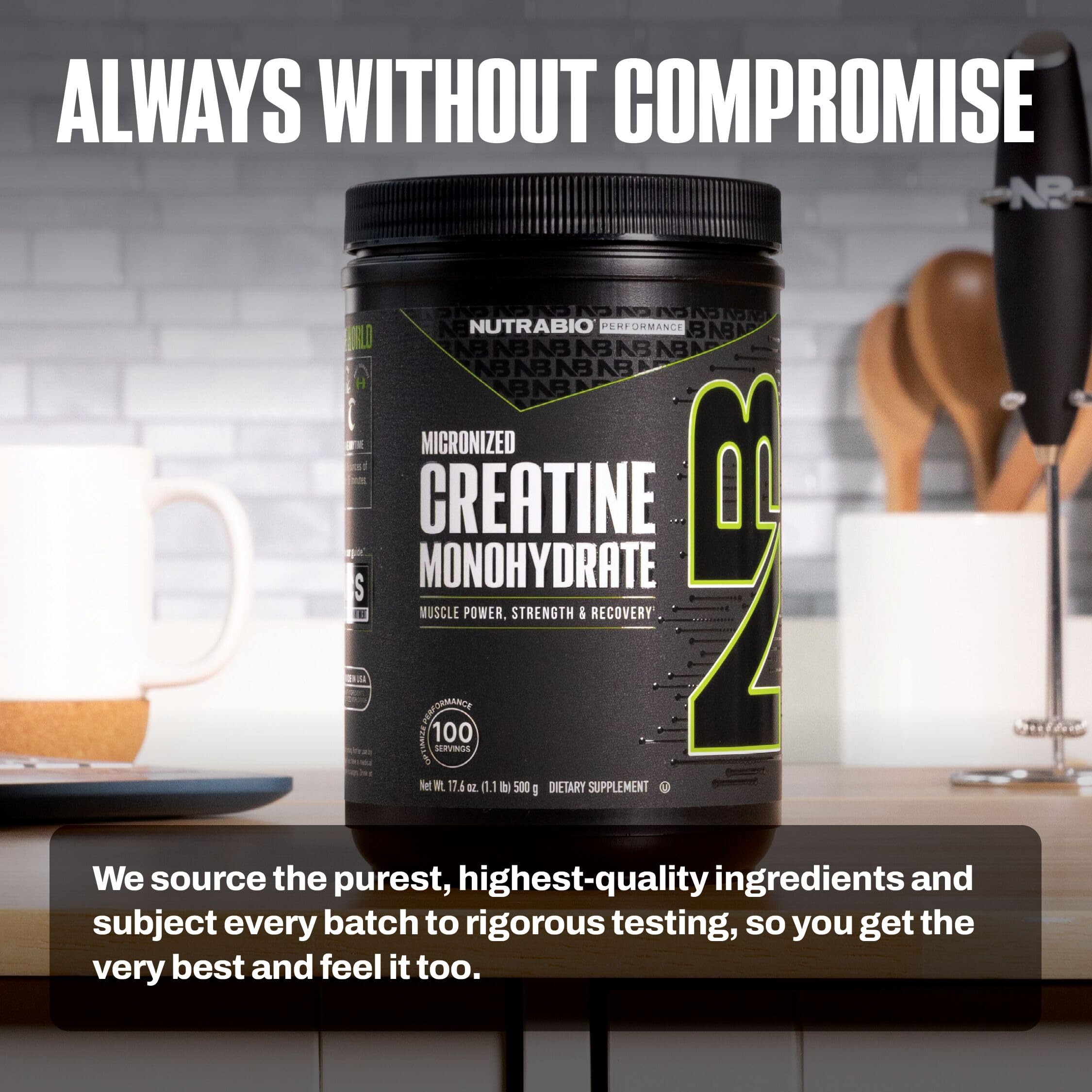 NutraBio creatine powder label info highlighting unflavored versatility.