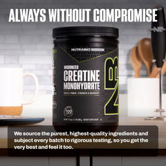 NutraBio creatine powder label info highlighting unflavored versatility.