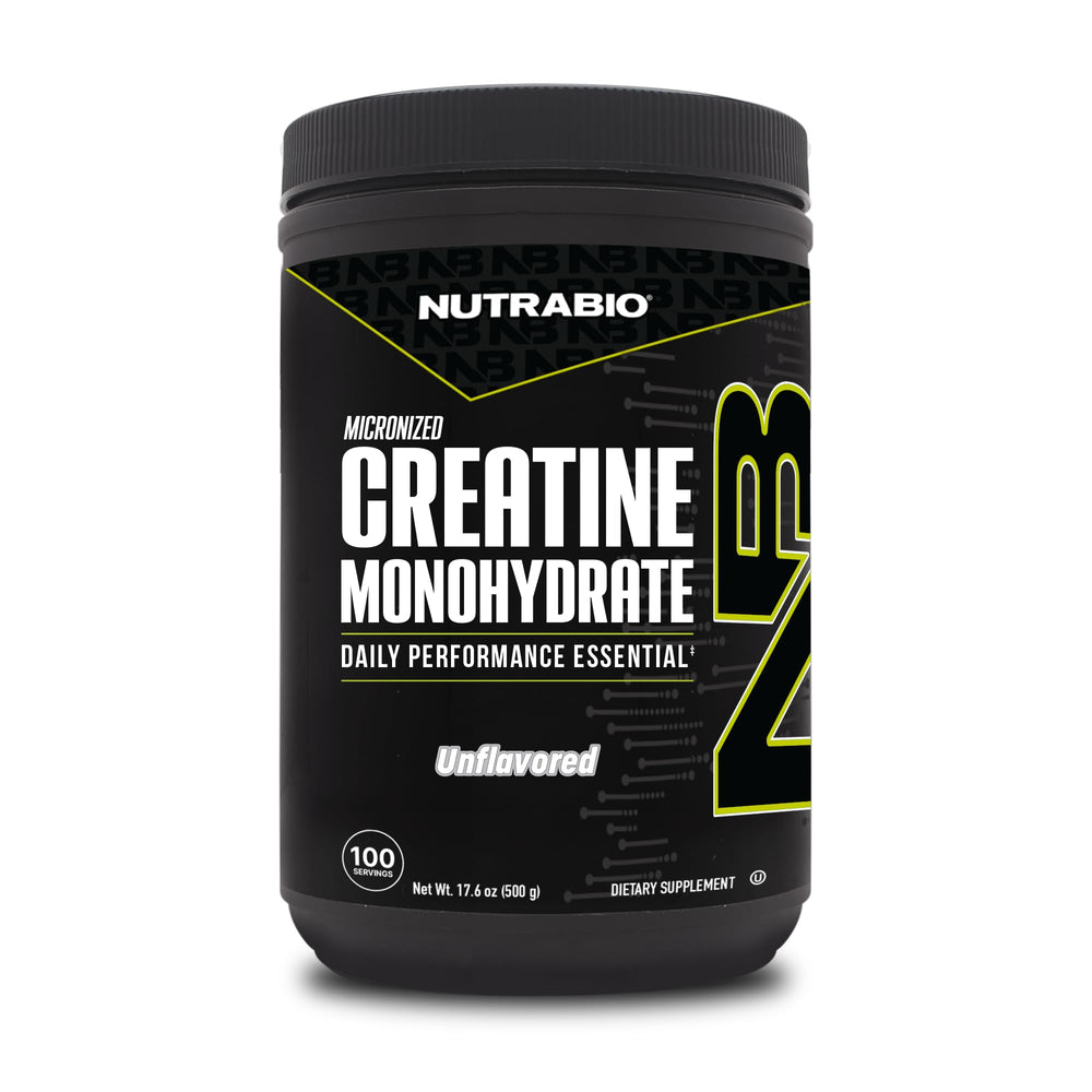 NutraBio creatine powder jar closeup signaling purity for workouts.