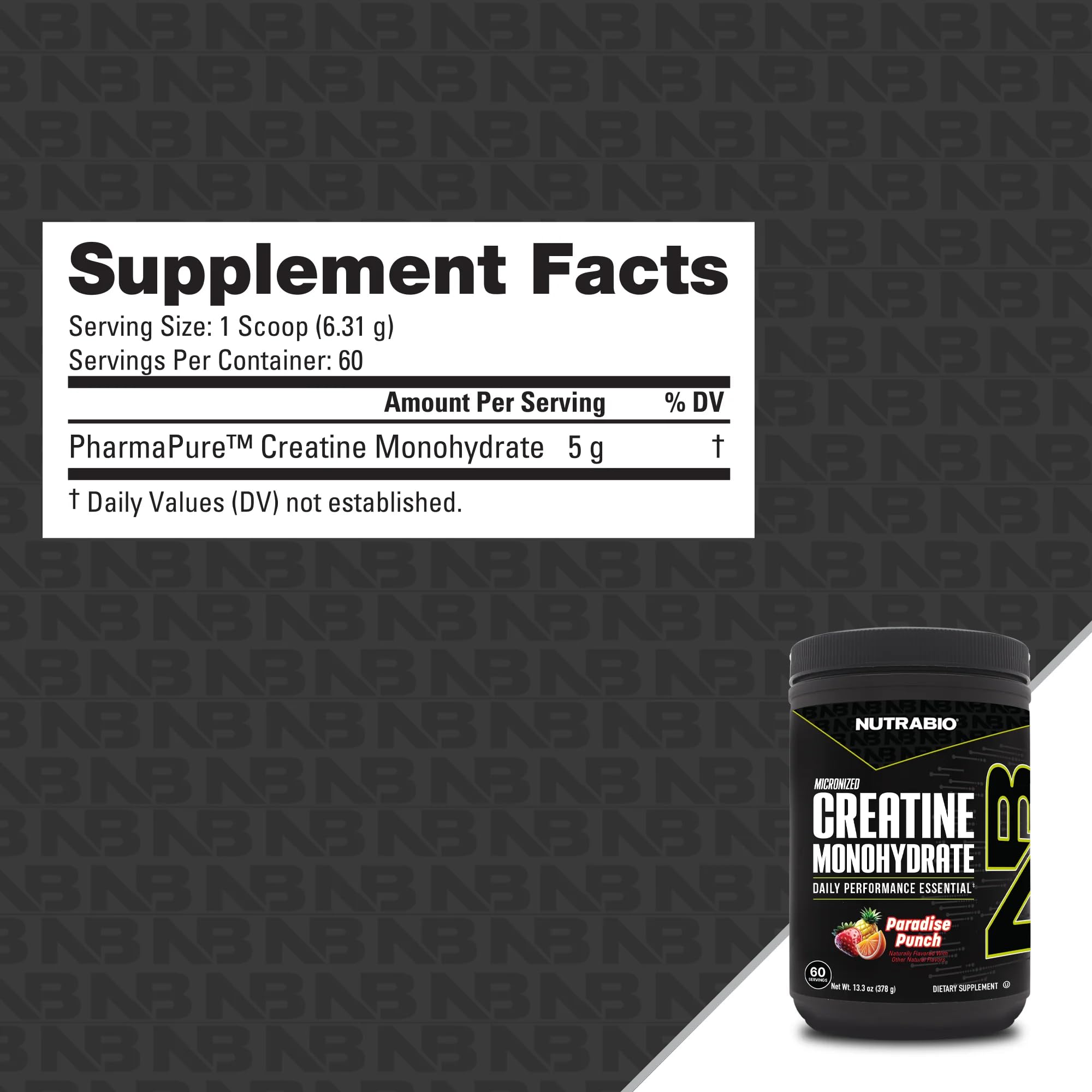 NutraBio creatine powder scoop close-up shows fine micronized texture