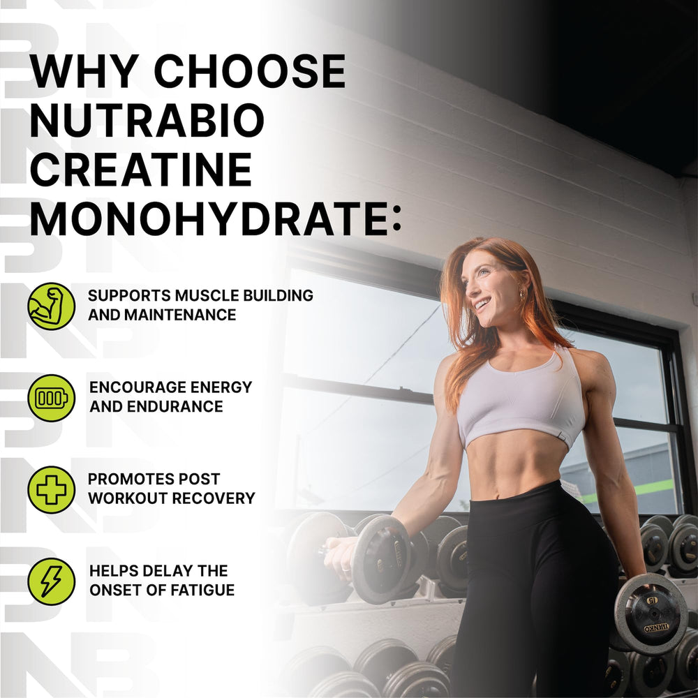 NutraBio creatine powder scoop highlighting precise serving measurement