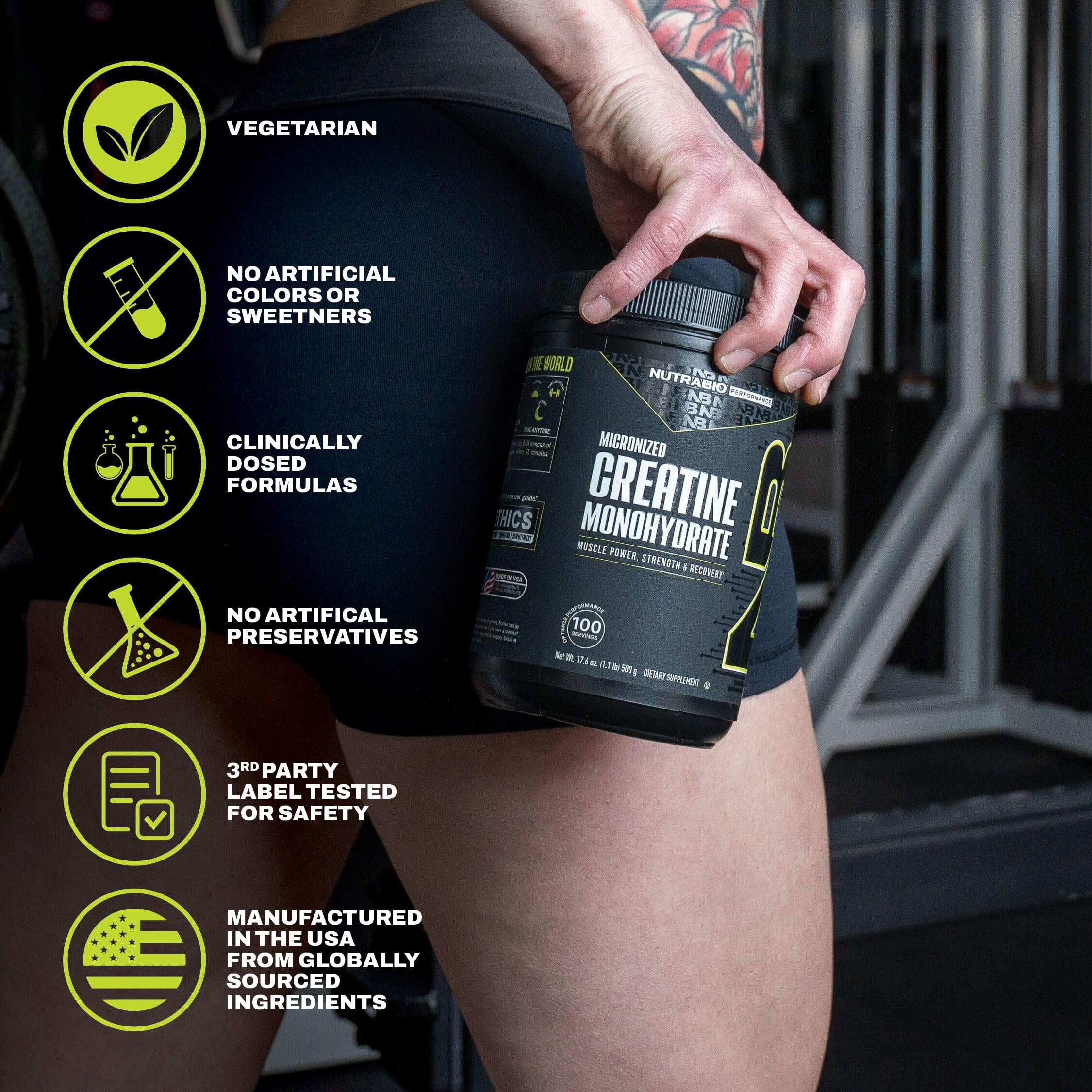 NutraBio creatine scoop measuring a daily dose for consistency.