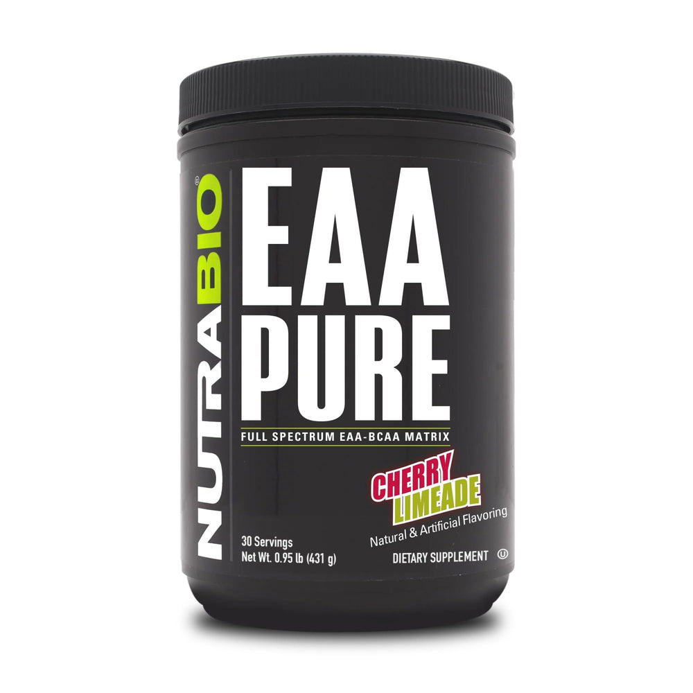 NutraBio EAA Pure bottle with Cherry Limeade ready for post-workout recovery.