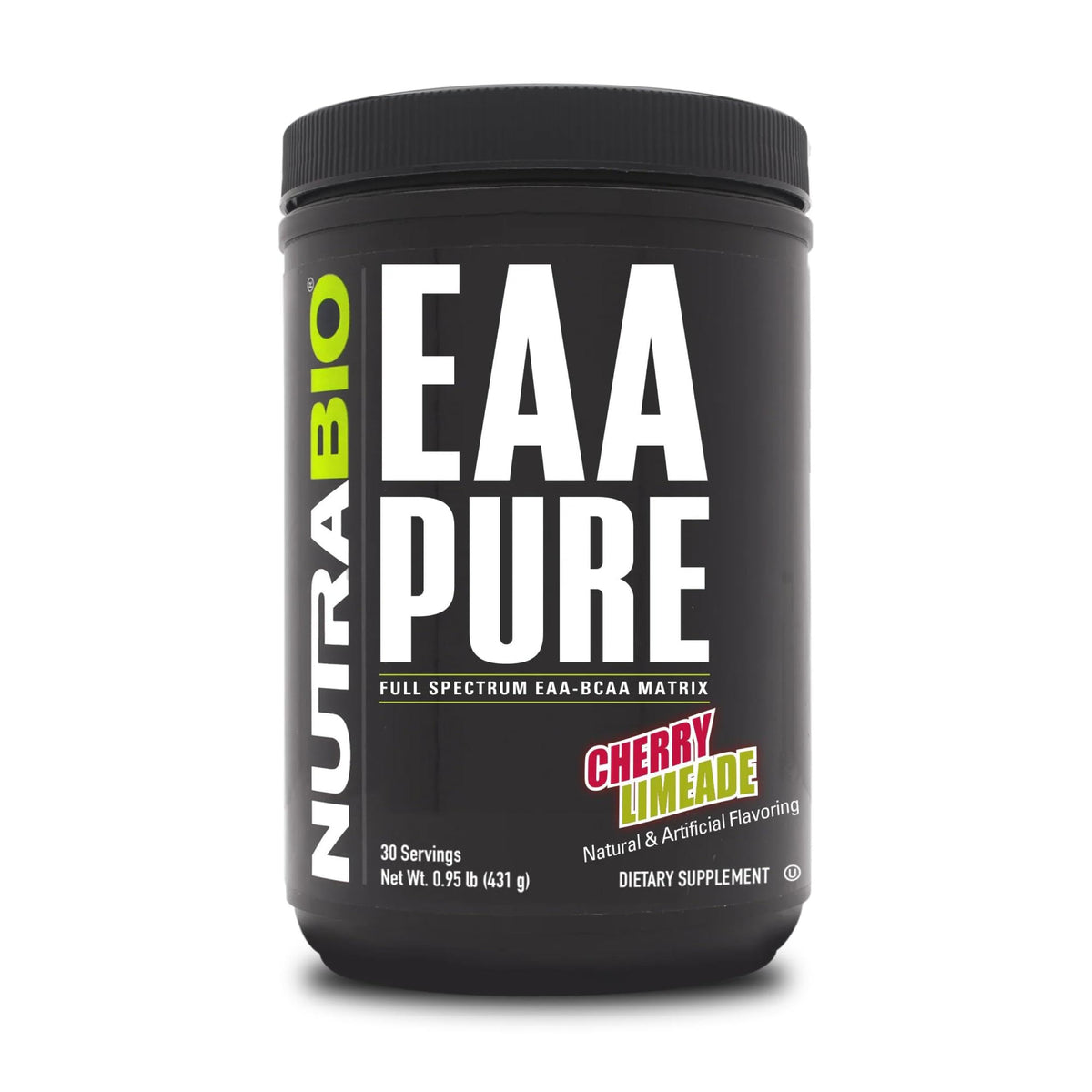 NutraBio EAA Pure bottle with Cherry Limeade ready for post-workout recovery.