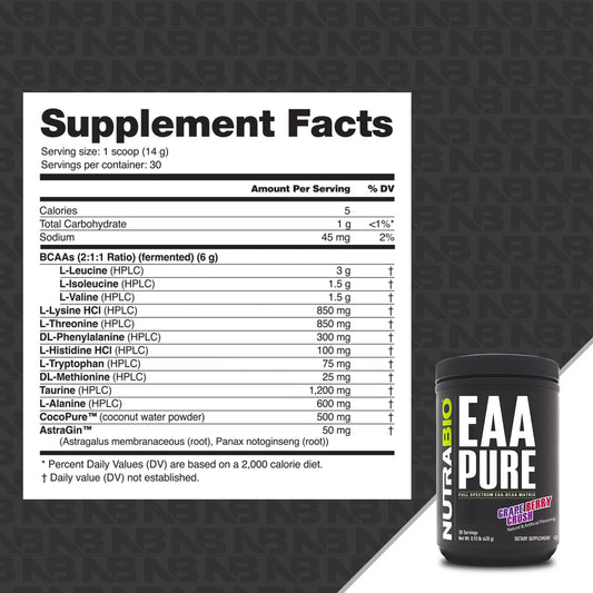 NutraBio EAA Pure powder being dispensed for easy amino acid intake.