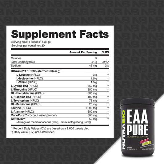 NutraBio EAA Pure scoop level with powder for measuring amino acids.