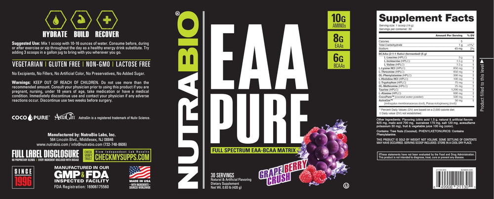 NutraBio EAA Pure servings pack signaling all-day recovery.