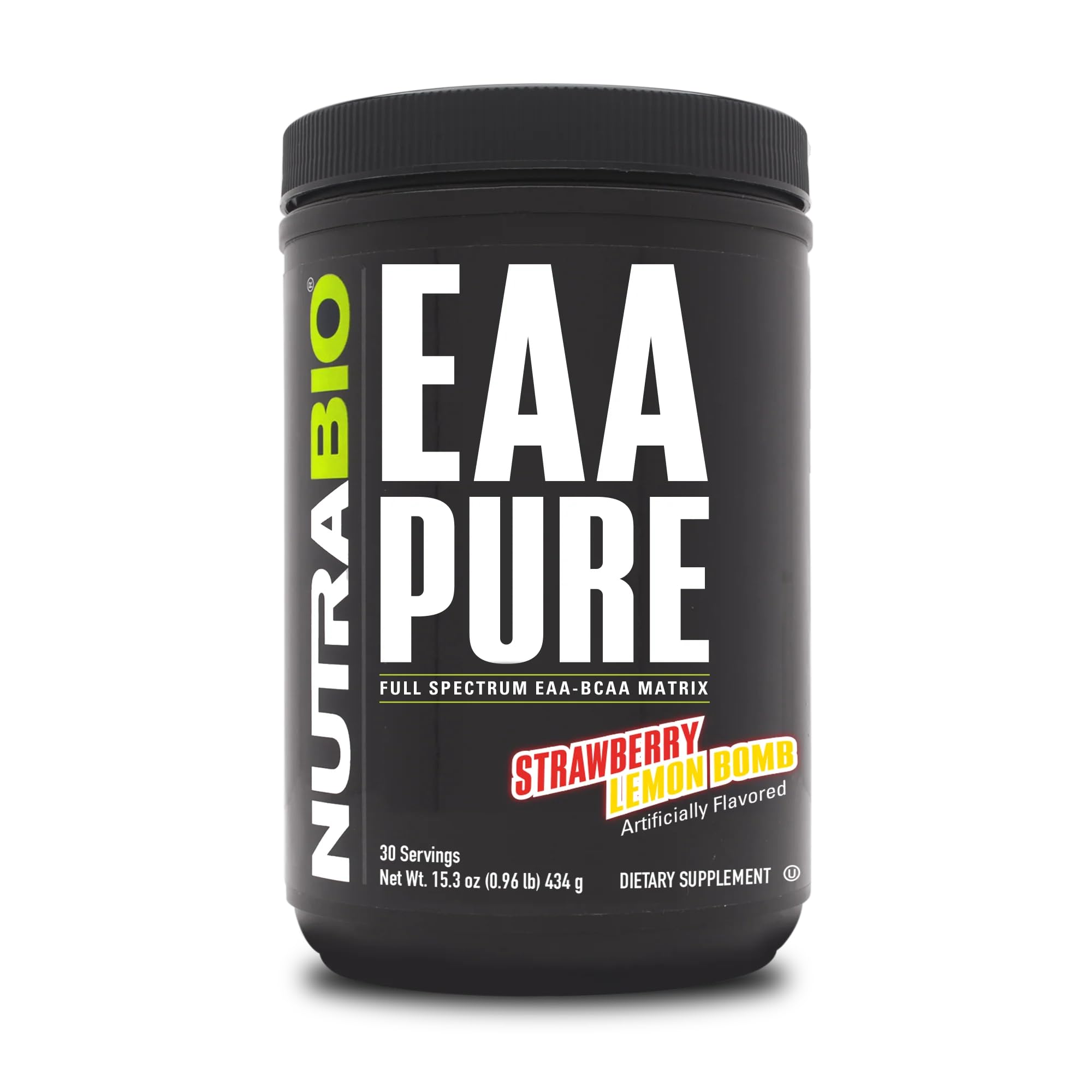 NutraBio EAA Pure bottle with Strawberry Lemon Bomb for post-workout recovery
