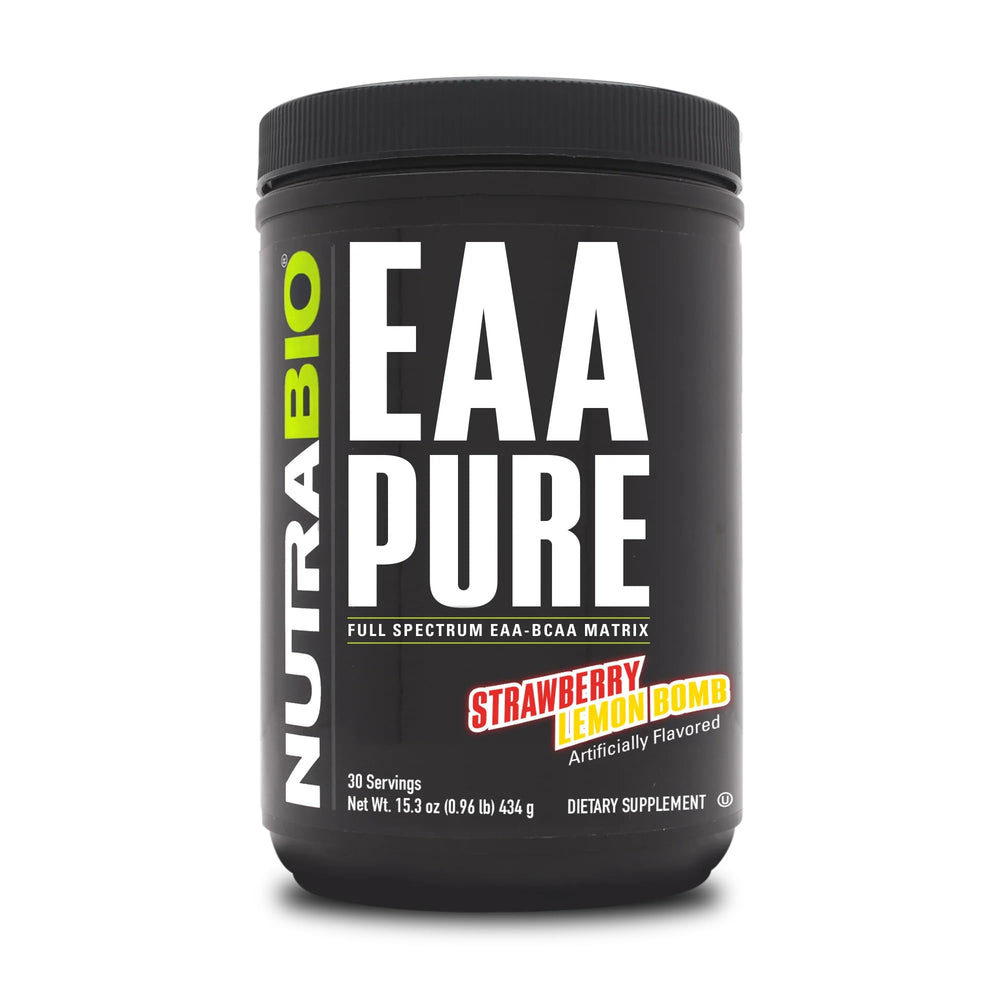 NutraBio EAA Pure bottle with Strawberry Lemon Bomb for post-workout recovery