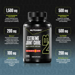 Close-up of NutraBio Extreme Joint Care capsules emphasizing easy-to-swallow daily dosing.