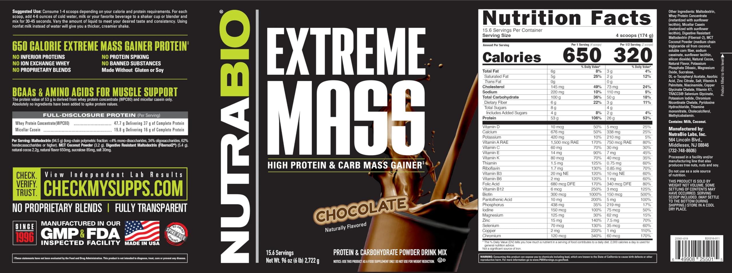 NutraBio Extreme Mass chocolate label closeup shows clean label and quality ingredients