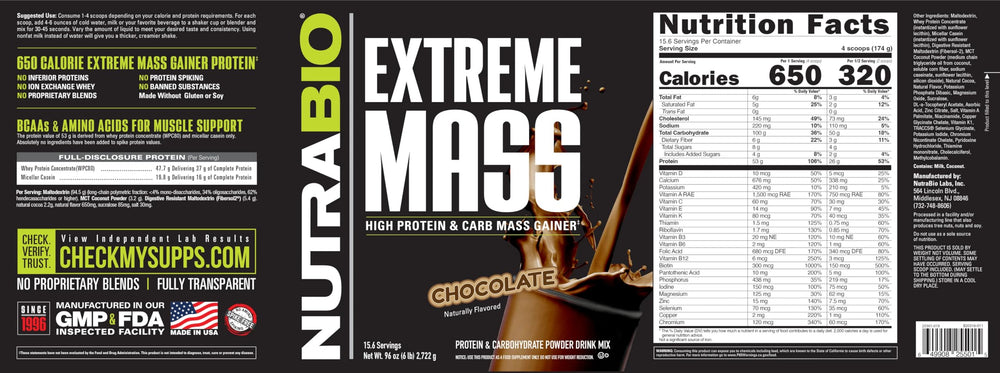 NutraBio Extreme Mass chocolate label closeup shows clean label and quality ingredients