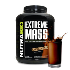NutraBio Extreme Mass chocolate powder jar highlights a high protein blend for lean mass support