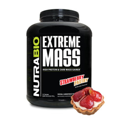 NutraBio Extreme Mass Gainer bottle in Strawberry Pastry flavor supports lean muscle nutrition.