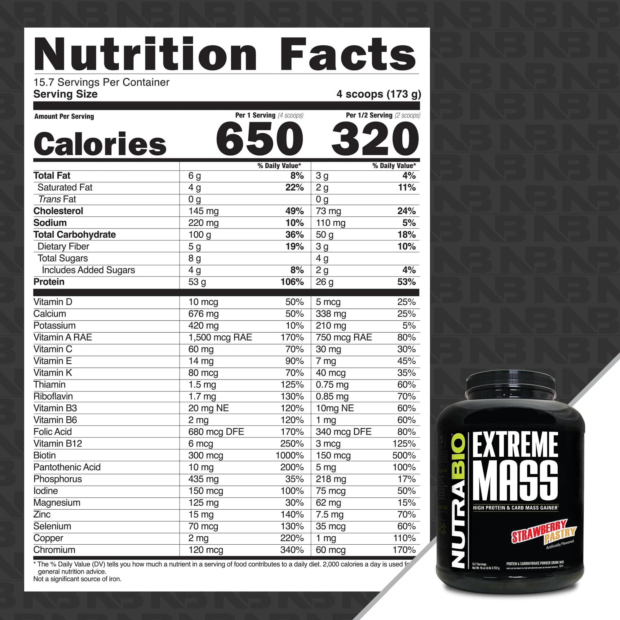 NutraBio Extreme Mass Gainer pouring into a shaker, creamy Strawberry Pastry mix for calorie-dense fueling.