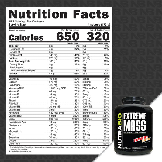 NutraBio Extreme Mass Gainer pouring into a shaker, creamy Strawberry Pastry mix for calorie-dense fueling.