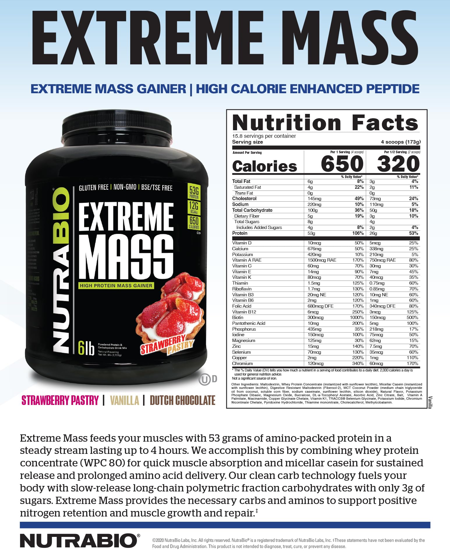 NutraBio Extreme Mass USA-made logo conveying quality and transparency.
