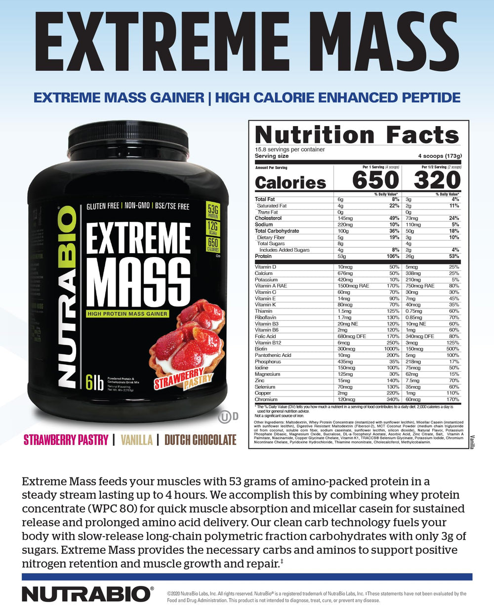 NutraBio Extreme Mass USA-made logo conveying quality and transparency.
