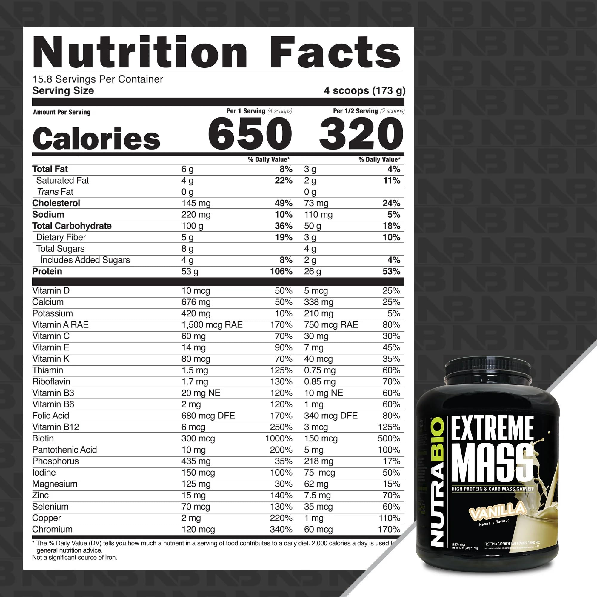 NutraBio Extreme Mass Vanilla bottle with powder ready to mix for workouts.