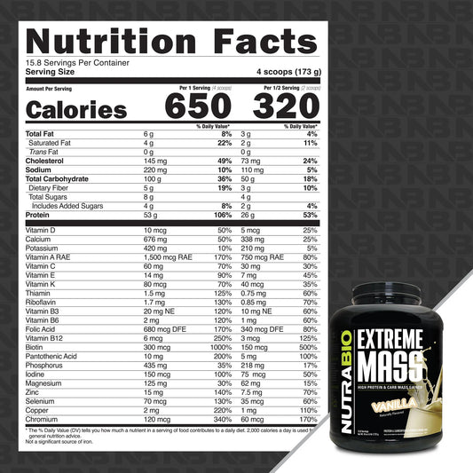 NutraBio Extreme Mass Vanilla bottle with powder ready to mix for workouts.