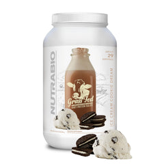 NutraBio Grass Fed Whey Isolate powder container shows a clean protein source for lean muscle support.