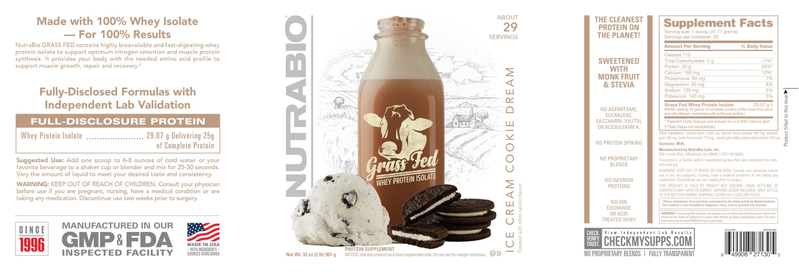 NutraBio Grass Fed Whey Isolate shake in glass, Ice Cream Cookie Dream flavor ready to enjoy.