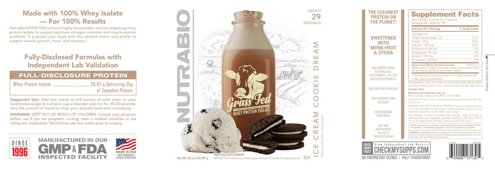 NutraBio Grass Fed Whey Isolate shake in glass, Ice Cream Cookie Dream flavor ready to enjoy.