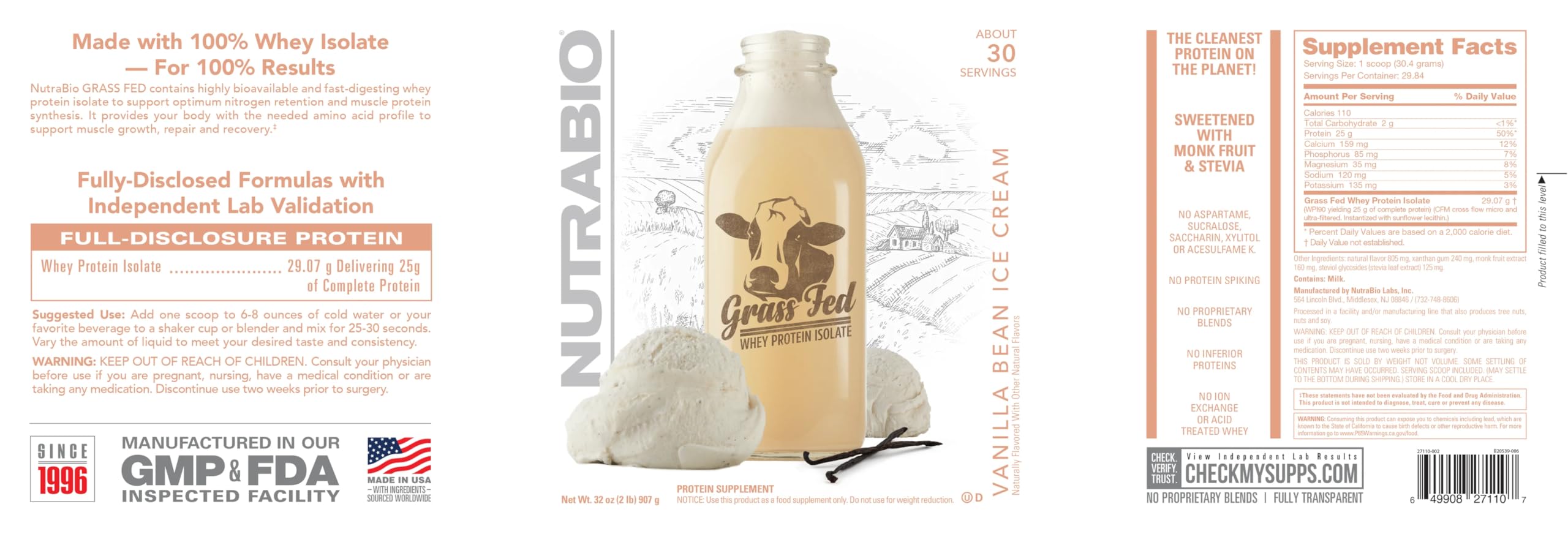 NutraBio Grass Fed Whey Isolate bottle pour highlights zero sugar and lean protein