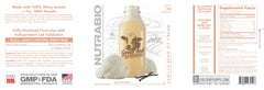 NutraBio Grass Fed Whey Isolate bottle pour highlights zero sugar and lean protein