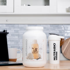 NutraBio label closeup shows 25 g protein per serving