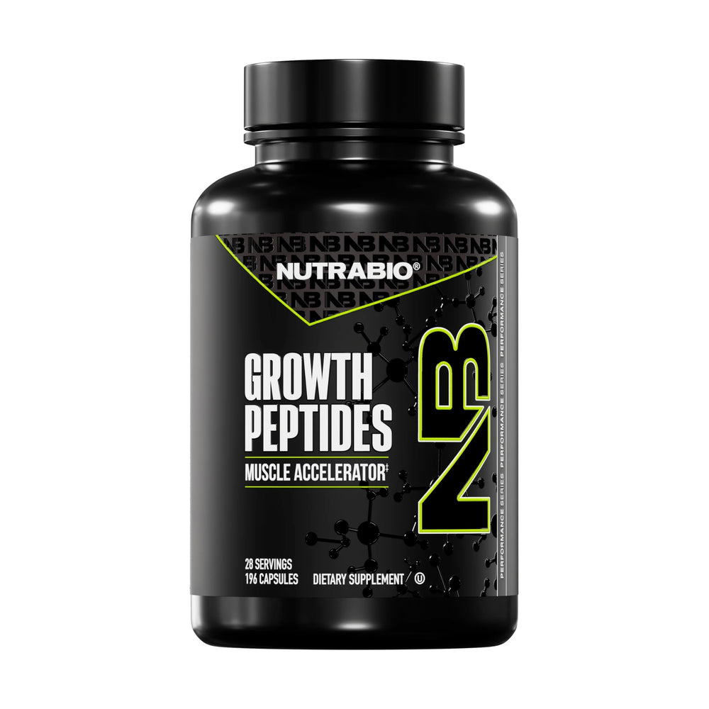 NutraBio Growth Peptides bottle label highlighting packaging for athletes and workout support.