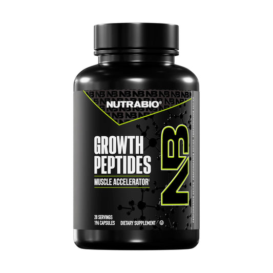 NutraBio Growth Peptides bottle label highlighting packaging for athletes and workout support.